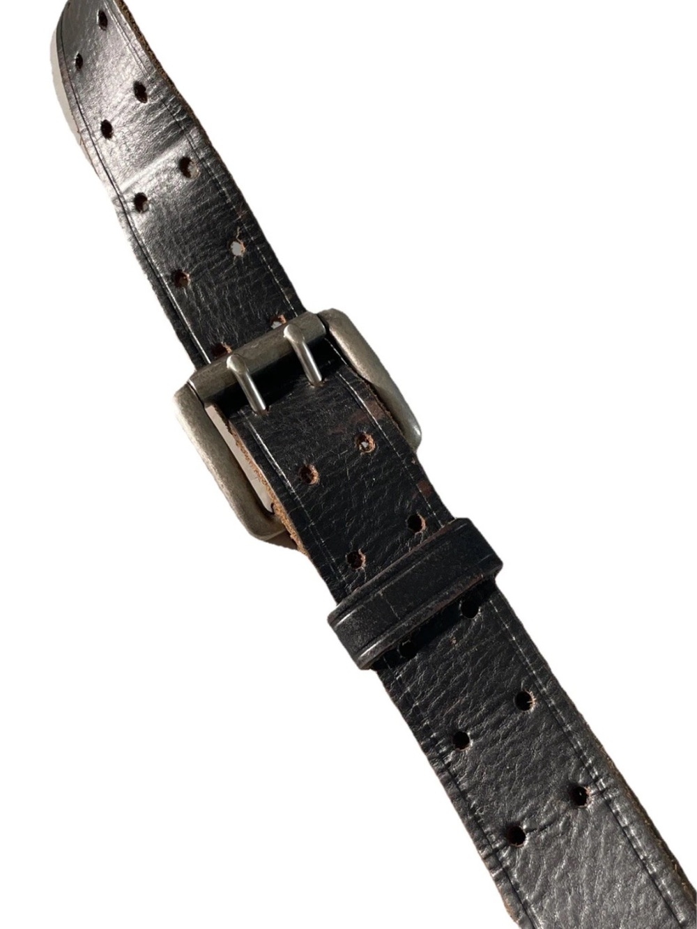 Genuine Leather Black Belt Men’s Size 48 Double Holes Silvertone Buckle Hardware
